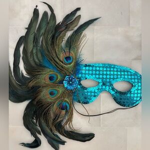 Teal blue Peacock Feather Sequin Mask